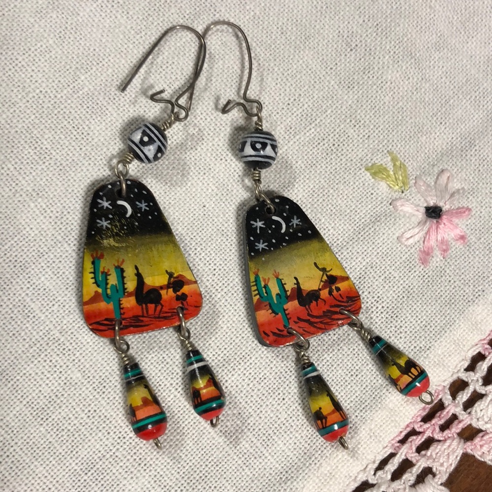 Handmade Earrings Painted Mexico Llama Moon Drop Dangle